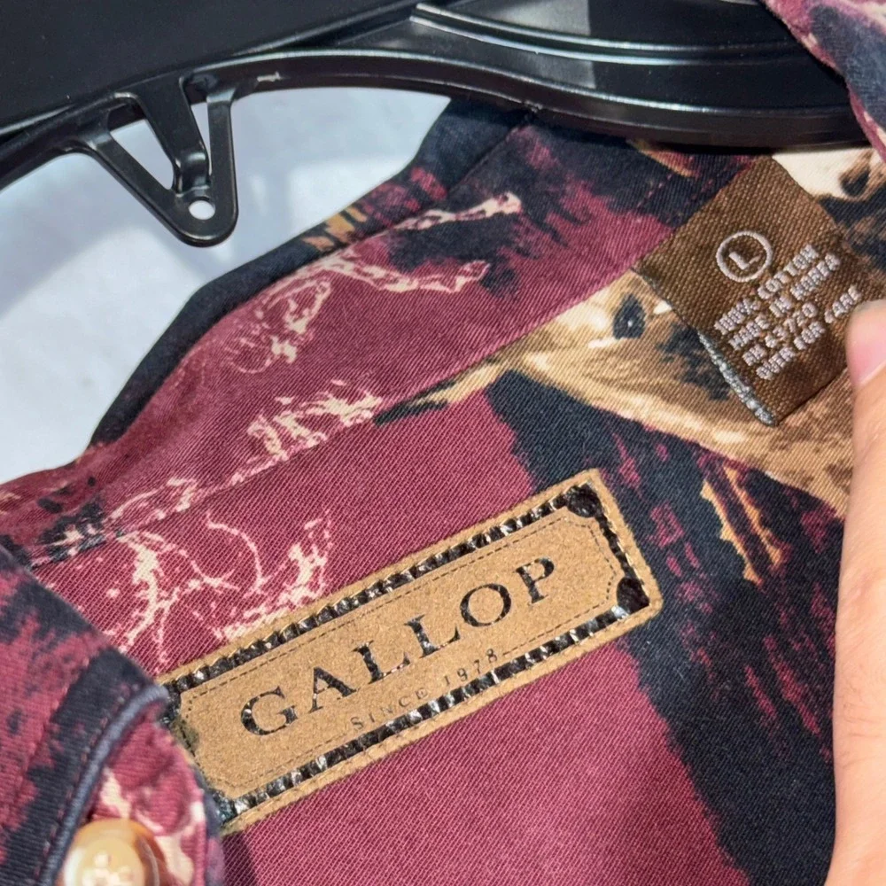 Vintage Mens Horse Print Button Down Shirt Burgundy Southwestern Western Large